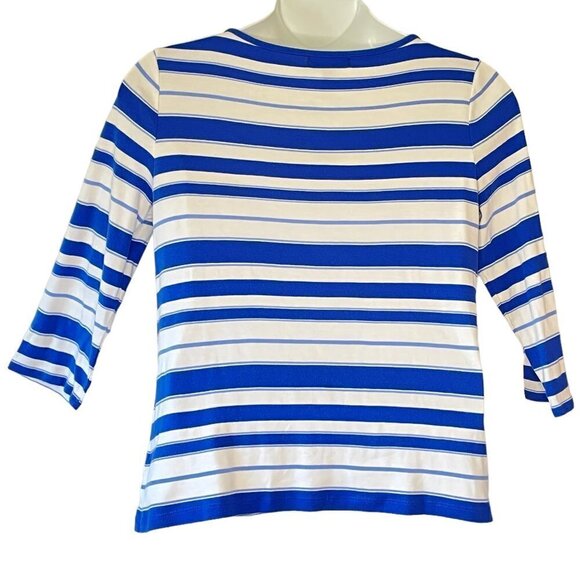 Lauren Ralph Lauren Sailor Tee has Boat Neck Gold Tone Buttons Blue White Stripe - Picture 5 of 10